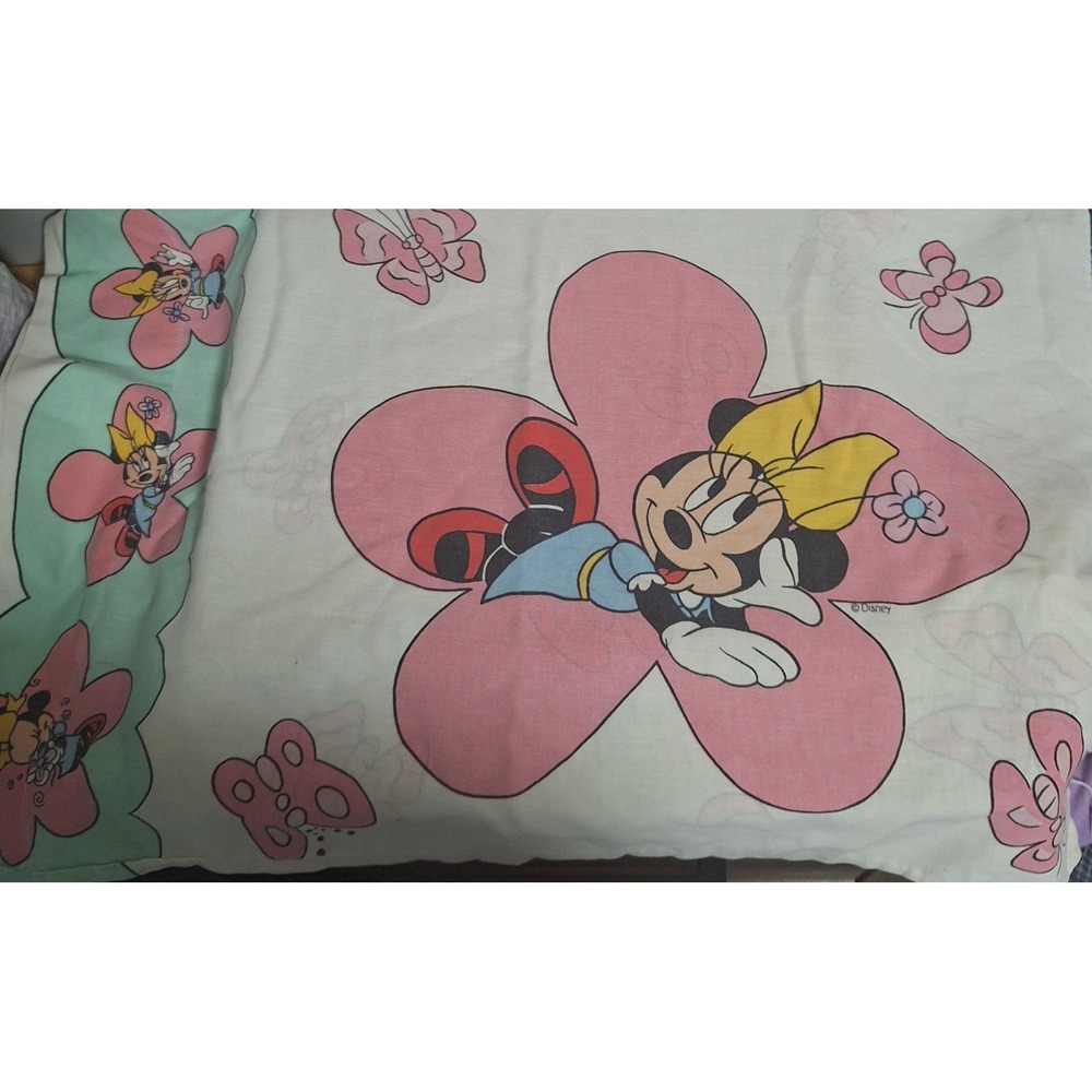 Vintage‎ Disney Minnie Mouse Pillowcase Floral Butterfly Pink Mint Green Bedding
